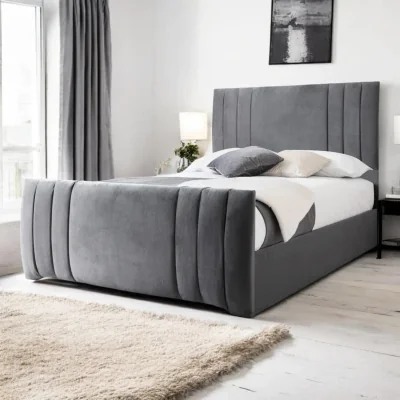 OAT Home Newport Upholstered Bed Frame, Charcoal Velvet / Small Double 4ft - 120x190cm / End Lift Ottoman