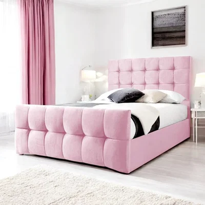 OAT Home Narberth Upholstered Bed Frame, Pink Blush Velvet / Super King 6ft - 180x200cm / End Lift Ottoman