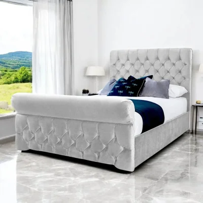 OAT Home Solva Upholstered Bed Frame, Light Silver Velvet / Super King 6ft - 180x200cm / End Lift Ottoman