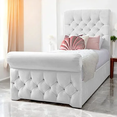 OAT Home Grace Upholstered Bed Frame, Light Silver Velvet / Single 3ft - 90x190cm / End Lift Ottoman