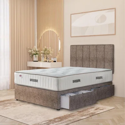 The Range Austin Tweed Fabric Orthopaedic Divan Storage Bed Hybrid Mattress 32" Headboard - Coffee / Small Single / 2 Drawers