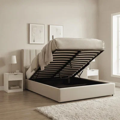 The Range Alix End Lift Ottoman Storage Bed with Fluted Winged Headboard - Putty / King