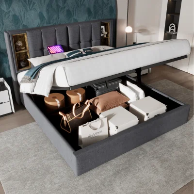 The Range Linen Fabric Storage Bed with Hydraulic Lever - Grey / 206cm / Double