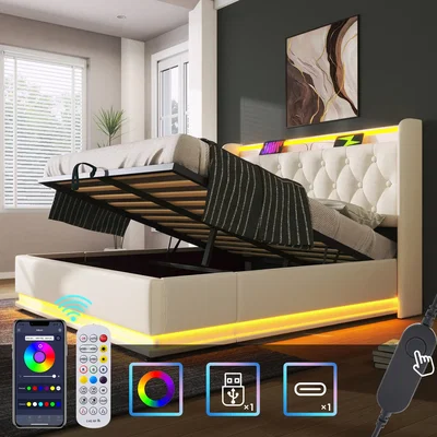 The Range PU Upholstered King Ottoman Bed with LED Lighting and Storage - White