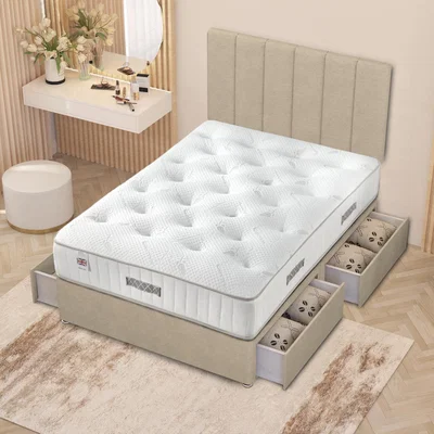 The Range Austin Tweed Fabric Orthopaedic Divan Storage Bed Hybrid Mattress 32" Headboard - Natural / King / 4 Drawers