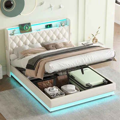 The Range Upholstered Ottoman Bed with Hydraulic Storage and LED Lighting - Beige / King