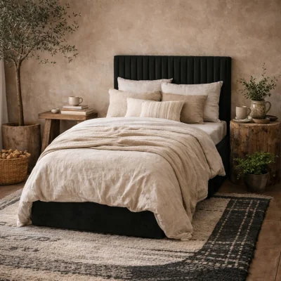 The Range Dublin 3ft Velvet Ottoman Bed with Tall Ribbed Headboard - Black