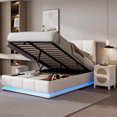 The Range PU Faux Leather Ottoman Lift Storage Bed Frame with LED Lighting - White / Double / 58cm