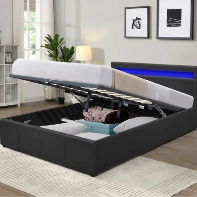 The Range Faux Leather Modern Gas Lift Ottoman Bed Frame With LED 3ft 4ft 4ft6 5ft  - Black / King