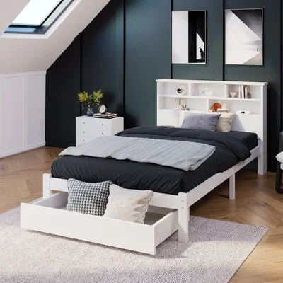The Range White Wooden Storage Bed with Shelves and Underbed Drawer - White