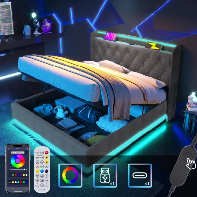 The Range Upholstered Double Ottoman Bed with LED Lighting and Storage - Grey