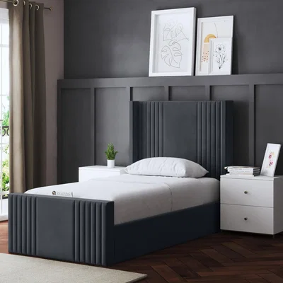 The Range Elara Winged Ottoman Panel Bed with Headboard - STEEL / Superking