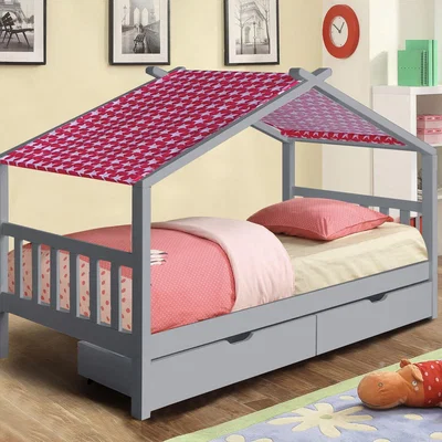The Range 3ft Wooden House Storage Bed - Grey / Red tent