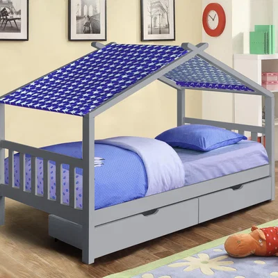The Range 3ft Wooden House Storage Bed - Grey / Blue tent
