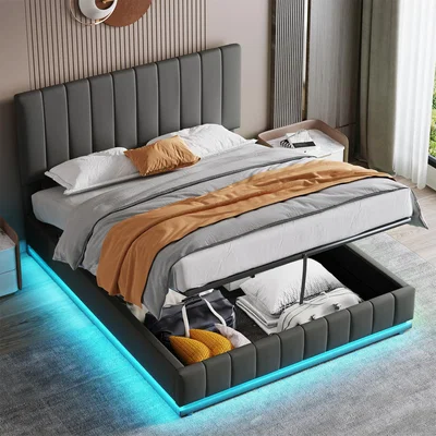 The Range PU Faux Leather Ottoman Lift Storage Bed Frame with LED Lighting - Grey / King / 56cm
