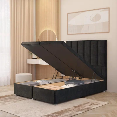 The Range Austin Plush Velvet Ottoman Divan Bed End Opening with Floor Standing Headboard - Black / Small Single