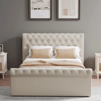 The Range FWStyle King Size Bed Frame Almond Side Lift Ottoman Buttoned - Almond