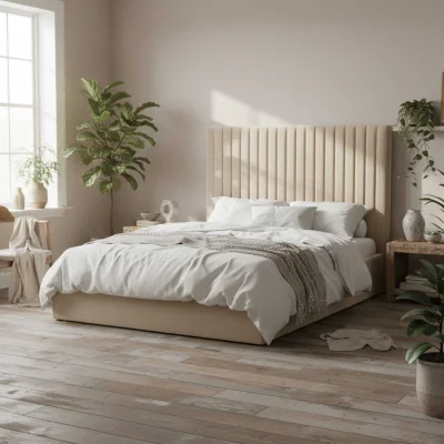 The Range Dublin Taupe 4ft6 Double Ottoman Bed with Tall Ribbed Headboard in Velvet - Brown