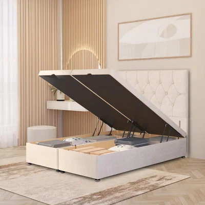 The Range Velvet Divan Ottoman Bed Gas Lift with 54" Floor Standing Chesterfield Headboard - Ivory