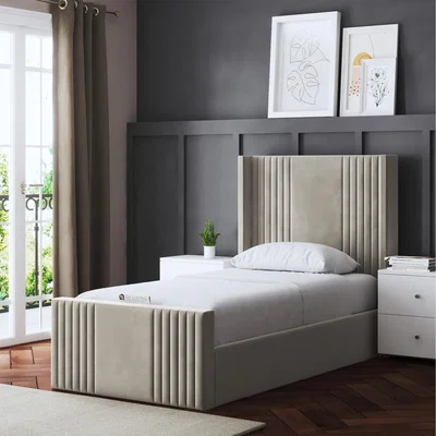 The Range Elara Winged Ottoman Panel Bed with Headboard - BEIGE / Single
