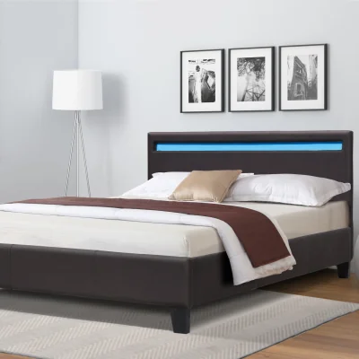 The Range Faux Leather Modern Gas Lift Ottoman Bed Frame With LED 3ft 4ft 4ft6 5ft  - Brown / Single