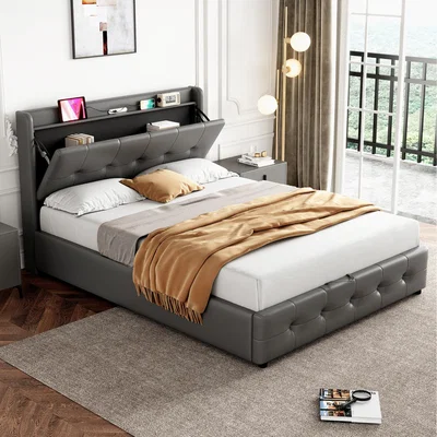 The Range Double Upholstered Bed Frame PU Leather Ottoman Bed  - Grey