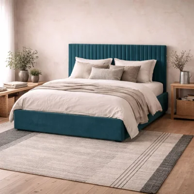 The Range Dublin 4ft6 Teal Velvet Ottoman Double Bed with Ribbed Headboard - Blue