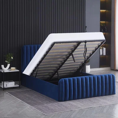 The Range Ottoman Velvet Gas Lift Up Storage Bed With Mattress - Blue / Small Double