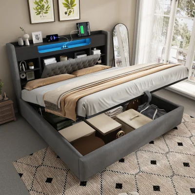 The Range Linen Hydraulic Storage Bed with LED & Charging - Grey