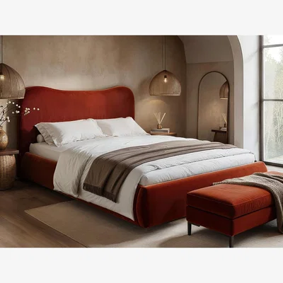 The Range Ember Orange Velvet Curved Headboard Ottoman Bed - Burnt Orange