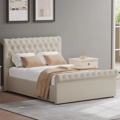 The Range Abbey Almond Double Bed Frame Side Lift Ottoman Scroll Buttoned  - Almond