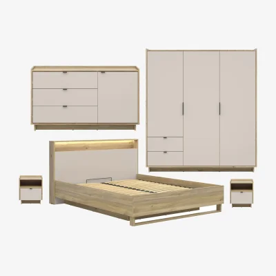 The Range Bedroom Furniture Set King Size Ottoman Bed with Wardrobe & Bedside Cabinets - Cashmere combined with Mauvelle Oak