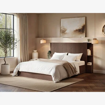 The Range Zora Ottoman Bed with Headboard Shelves Walnut - Walnut / King