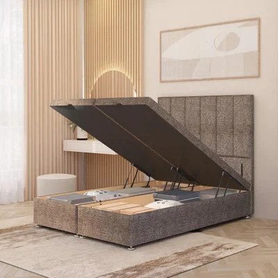 The Range Austin Tweed Fabric Ottoman Divan Bed End Opening with Floor Standing Headboard - Coffee / Single