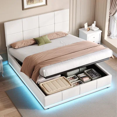 The Range Faux Leather Ottoman Lift Storage Bed Frame with LED Lighting - White / Double / 58cm
