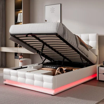 The Range Kelly Double PU Faux Leather Ottoman Storage Bed with LED  - White
