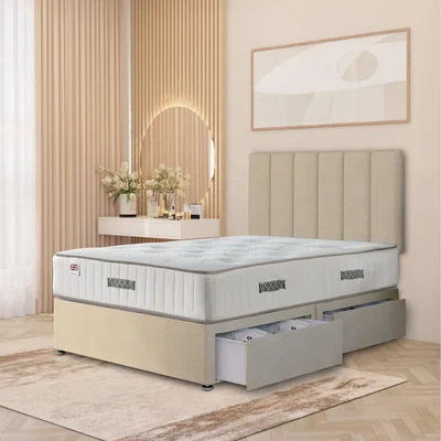 The Range Austin Tweed Fabric Orthopaedic Divan Storage Bed Hybrid Mattress 32" Headboard - Natural / Double / 2 Drawers