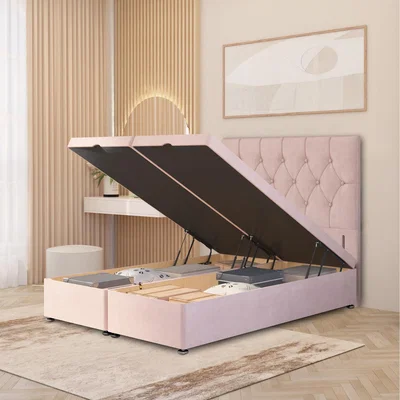 The Range Velvet Divan Ottoman Bed Gas Lift with 54" Floor Standing Chesterfield Headboard - Pink