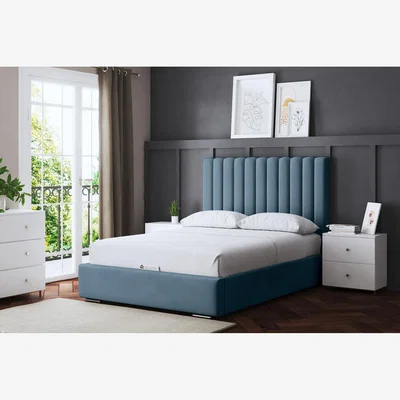 The Range Evangeline Panel Ottoman Bed with Headboard - Metallic blue / Superking