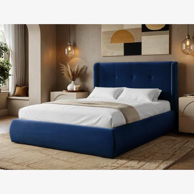 The Range Monte Midnight Velvet Winged Button Headboard Ottoman Bed - Navy