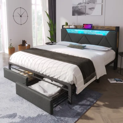 The Range Linen Storage Bed with LED, USB-C, Headboard & Drawers - Grey