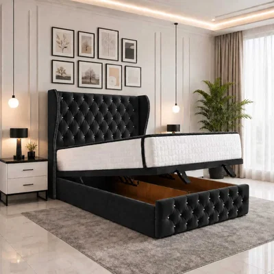 The Range Luvessa Upholstered Ottoman Storage Bed With Wingback Headboard - Black / Double