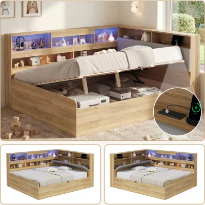 The Range Double Hydraulic Storage Bed with LED & USB, White - White