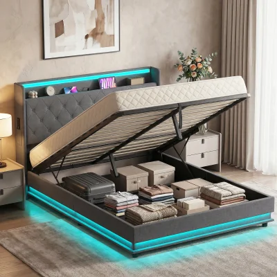 The Range HOMCOM Lift up Storage Bed Frame with RGB LED Lights - Dark Grey