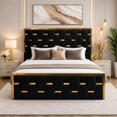 The Range Luxury Gold Trim Upholstered Ottoman Bed Designer Tufted Headboard - Black / Double