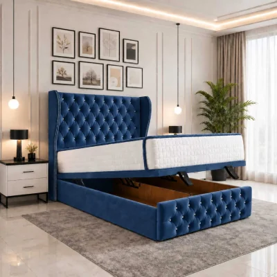 The Range Luvessa Upholstered Ottoman Storage Bed With Wingback Headboard - NavyBlue / Superking