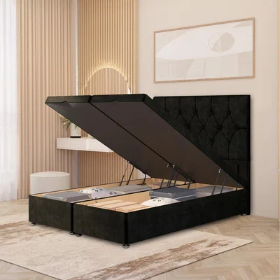 The Range Velvet Divan Ottoman Bed Gas Lift with 54" Floor Standing Chesterfield Headboard - Black