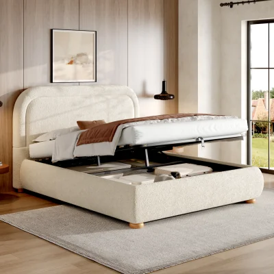 The Range King Bouclé Ottoman Storage Bed with Curved Headboard, Cream - Cream