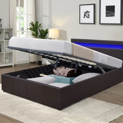The Range Faux Leather Modern Gas Lift Ottoman Bed Frame With LED 3ft 4ft 4ft6 5ft  - Brown / Small Double