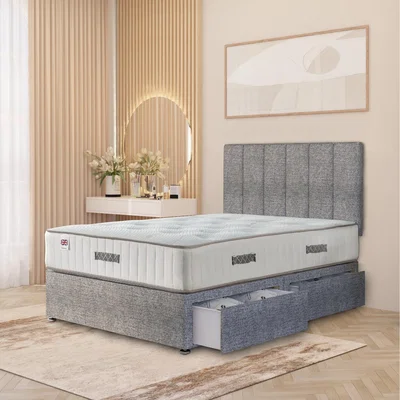 The Range Austin Tweed Fabric Orthopaedic Divan Storage Bed Hybrid Mattress 32" Headboard - Grey / Small Single / 2 Drawers